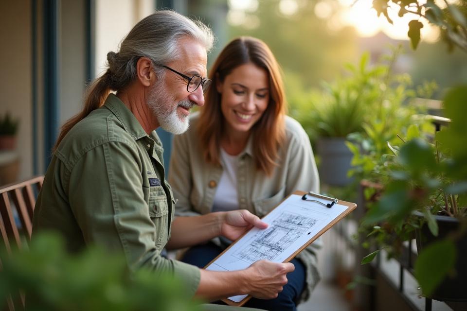 A horticulturist consulting with a client on a sunny balcony.