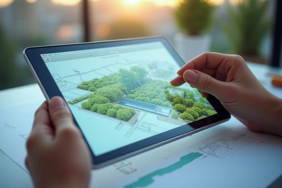 A digital design plan for a rooftop garden shown on a tablet.