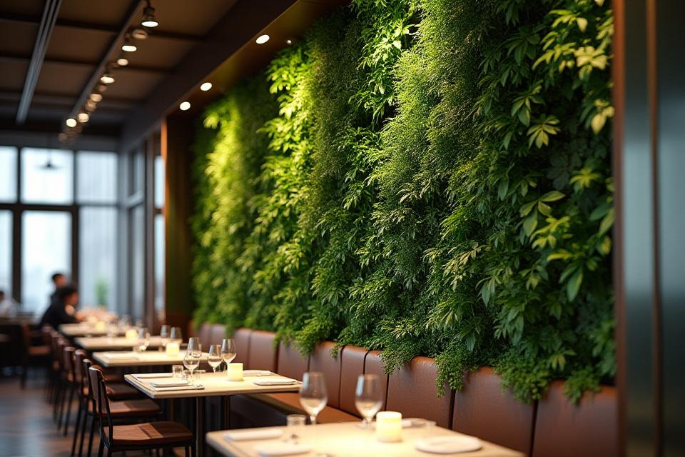 A stunning vertical herb garden inside a modern restaurant.