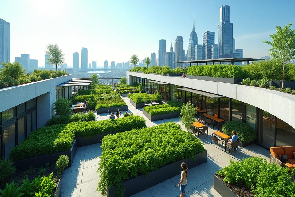 A rooftop farm on an office building, used for employee wellness programs.
